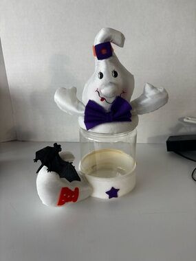 Vintage White Halloween Ghost Plush Candy Jar (Plastic) 10”